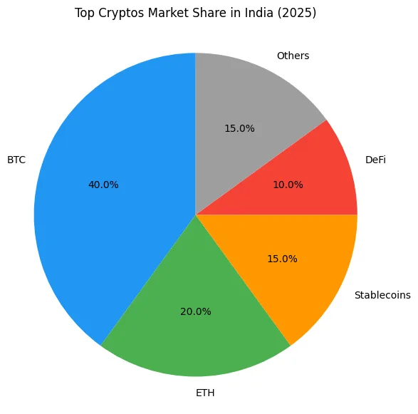 Pie chart of top cryptocurrencies market share in India 2025.