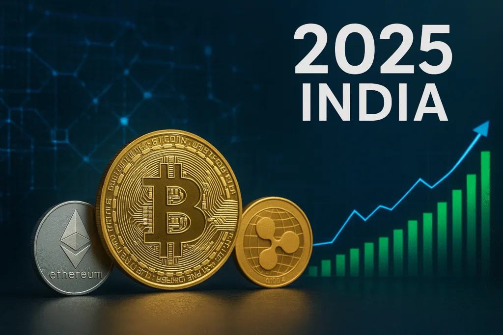 Cryptocurrencies 2025 India with blockchain visuals and market growth charts..